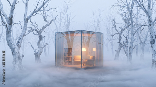 A lit glass cube structure containing armchairs and a bookshelf sits in the middle of a foggy winter forest with bare white trees.