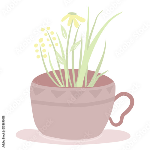 Cute flat illustration of a leafy flowering plant growing from a decorative ceramic cup with a soft pastel shadow.