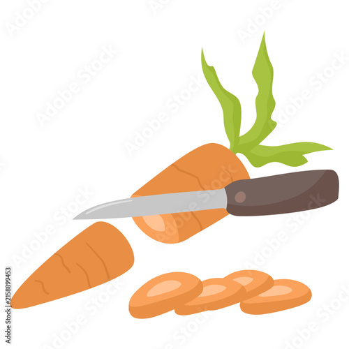 Flat illustration of fresh carrots being sliced with a kitchen knife, featuring orange roots and green leafy tops.