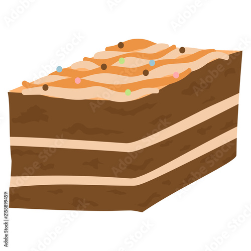 Flat illustration of a layered chocolate cake slice topped with creamy frosting and colorful sprinkles.