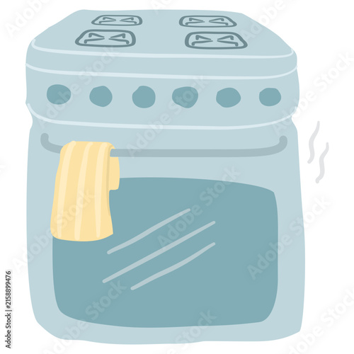 Cute flat illustration of a compact kitchen oven with a baking tray, warm interior, and a hanging cloth.