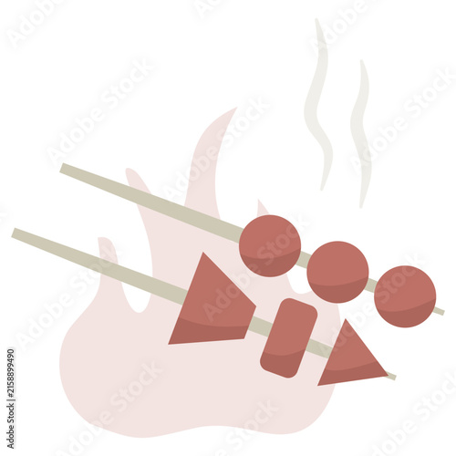 Flat illustration of satay skewers being grilled over an open flame, with smoke rising from the sizzling food.