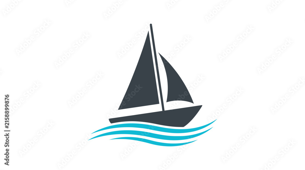 Fototapeta premium Minimalist sailboat icon featuring dark sails and flowing water waves created in a clean vector style