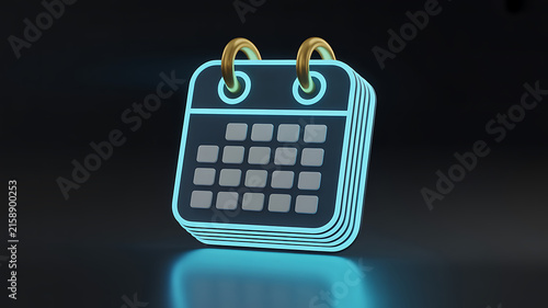 Turquoise and black 3D calendar with gold rings and a dark reflective surface below