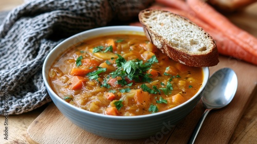 Lentil soup topped with fresh herbs and a slice of crusty bread rests on a wooden surface.