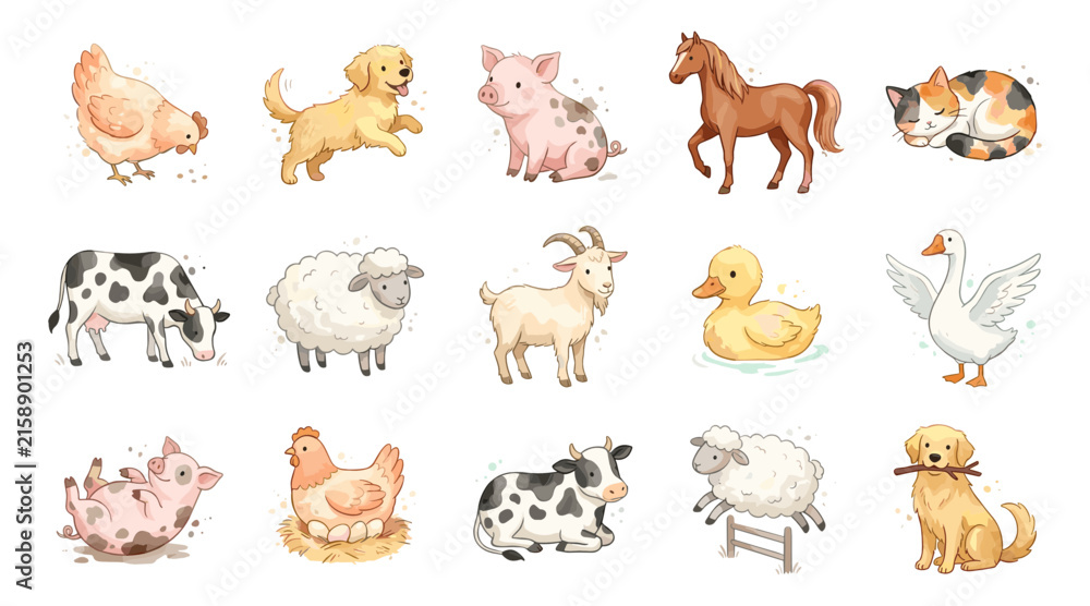 Obraz premium Adorable Watercolor Style Farm Animal Vector Set with Cute Cartoon Cow Pig Sheep Horse Goat Hen Duck Goose Dog and Sleeping Cat Characters