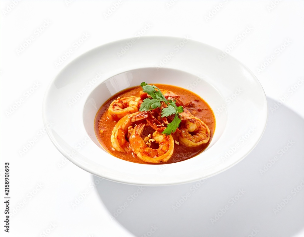 Fototapeta premium Shrimp in Tomato Sauce served in white bowl, overhead view