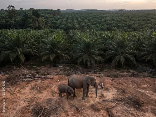 Fototapeta na wymiar Asian elephant family standing at the edge of a cleared forest plantation