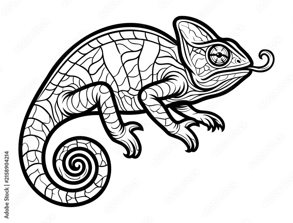 Fototapeta premium Detailed black and white vector illustration of an exotic chameleon lizard with textured skin coiled tail and extended tongue isolated