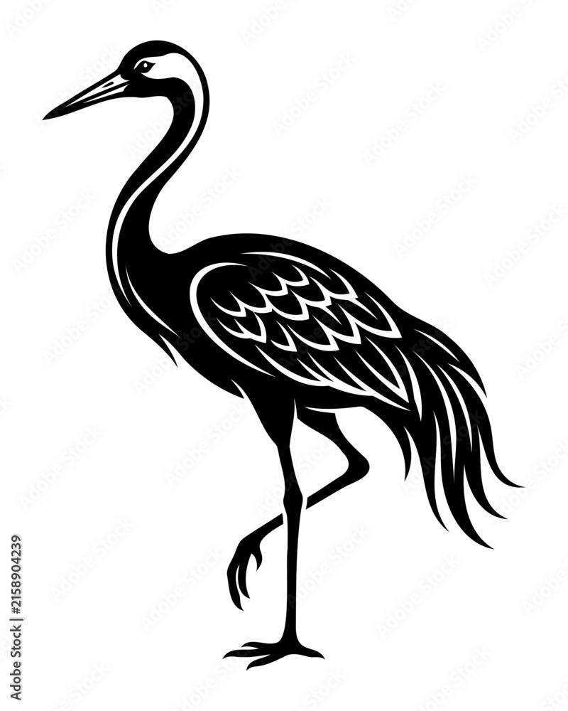 Naklejka premium Black and white crane bird standing graphic illustration vector design element representing wildlife and nature with wildlife, illustration