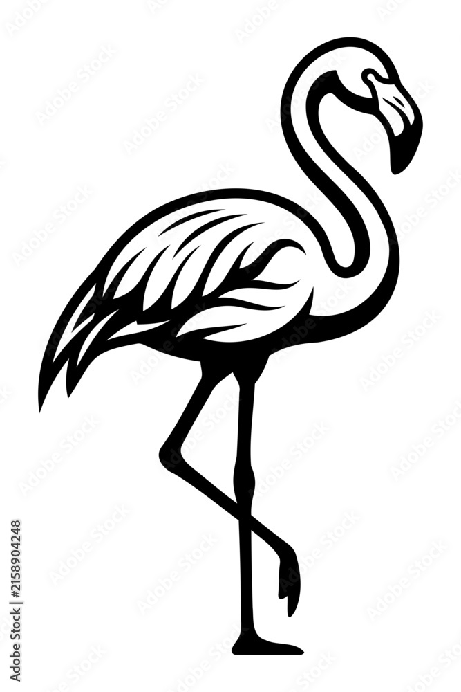 Fototapeta premium Black and white line art vector illustration of a flamingo standing on one leg with flamingo standing feathers wildlife illustration