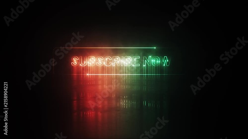 Animation text of Subscribe Now laser neon glitch text effect cinematic title on black abstract backgroud. 