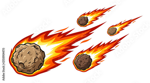 Flaming meteorites streaking across space featuring vibrant orange fire trails and textured brown rock surfaces