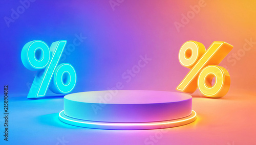 Empty Product Display Podium Stage with Neon Percent Signs on Vibrant Background