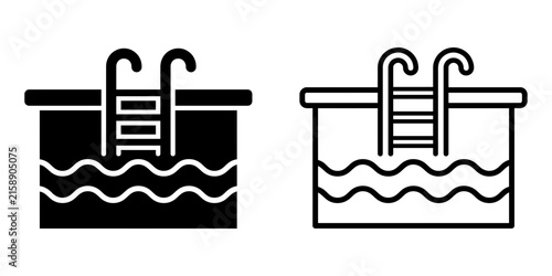 Swimming pool icon with water waves and ladder stairs in solid silhouette and outline vector style, swimming