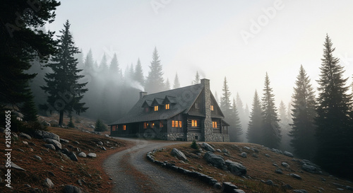 A large rustic log cabin with warm lights in the windows sits on a rocky hill surrounded by evergreen trees and thick fog.