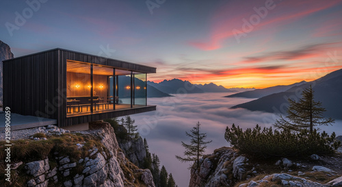 A rectangular wooden and glass building sits on a cliff edge overlooking a valley of clouds during a colorful sunset.