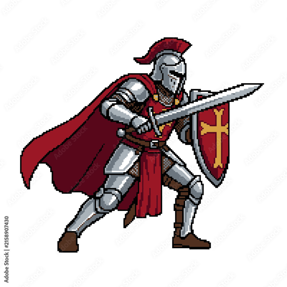 Obraz premium Pixel Art Knight Character in Medieval Plate Armor Holding a Shield and Sword for Fantasy Role Playing Game Sprite Sheet Design