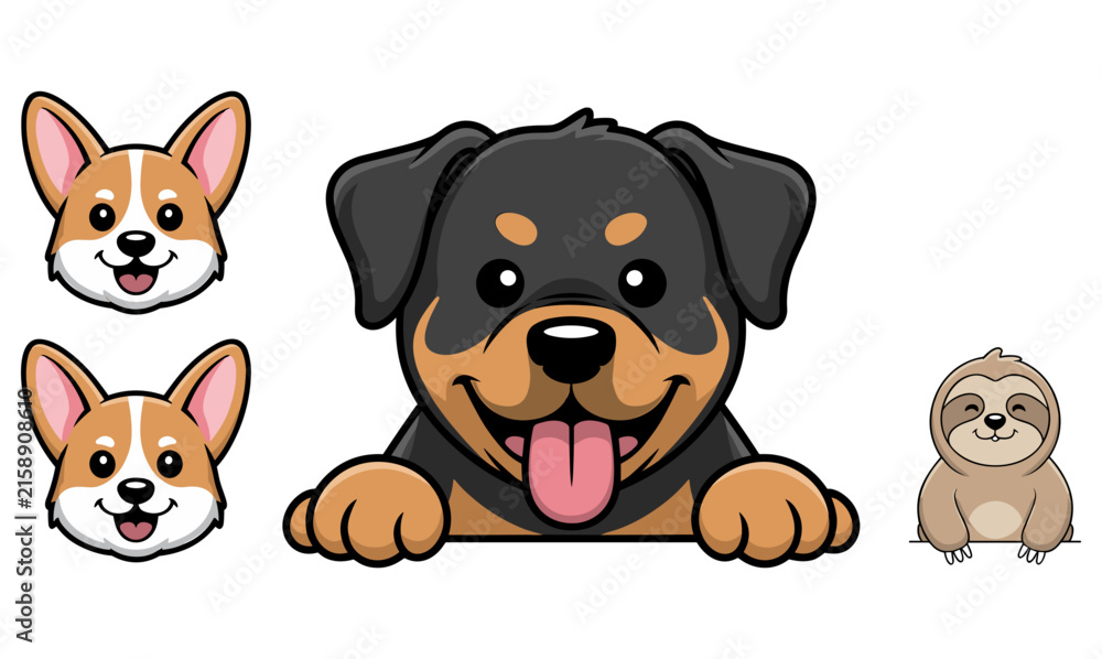 Naklejka premium Cute rottweiler puppy peeking over border with two corgi dog heads and little sloth cartoon animal characters set