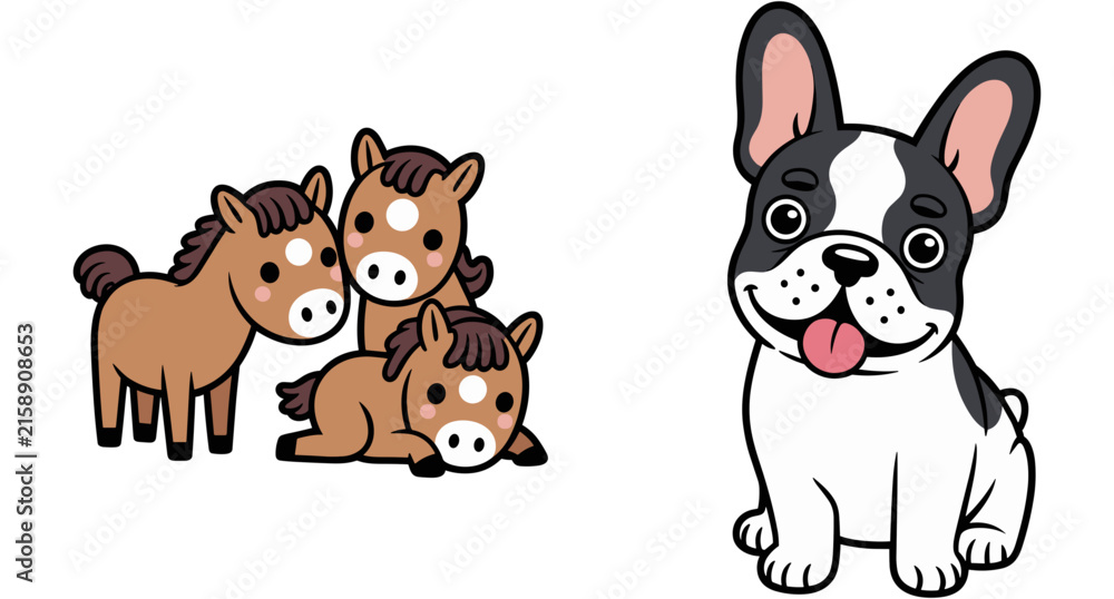 Fototapeta premium Cute little brown pony horses collection and happy French bulldog puppy cartoon animal characters set isolated vector illustration