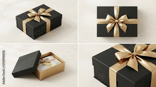 Multiple Angle Black Gift Box with Shiny Gold Ribbon Product Mockup
