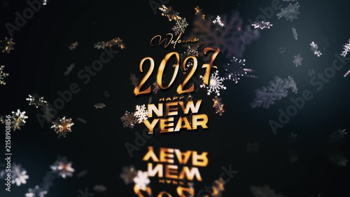 Welcome 2027 Happy new year golden text shine light effect animation cinematic title on black abstract background.