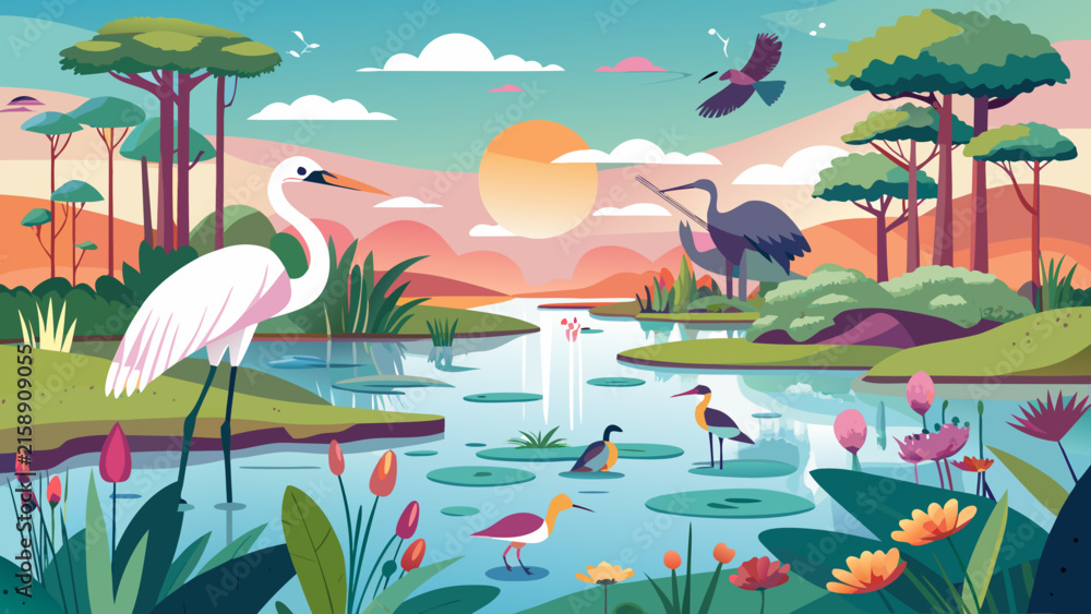 Naklejka premium Flat vector illustration of a serene wetland landscape at sunset featuring cranes, a white egret, water lilies, and tropical trees by a peaceful lake.