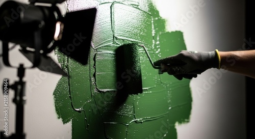 Artist Paints Green Texture On Wall With Roller In Studio Lighting