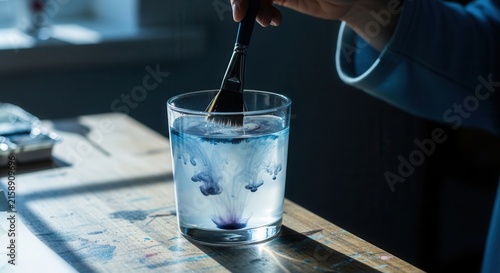 Artist Prepares Watercolor Paint In Glass Of Clear Water With Paintbrush