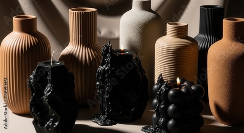 Artistic Black Candles And Textured Ceramic Vases Displayed Together