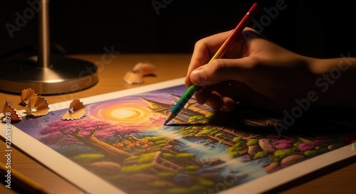 Artistic Creation In Progress With A Rainbow Colored Pencil