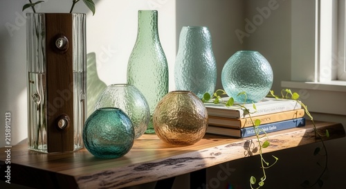 Artistic Glass Vases Collection With Natural Wood Accent Shelf Decor