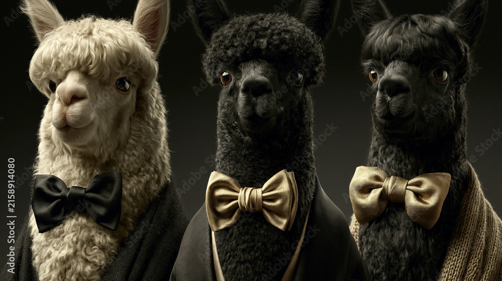 Naklejka premium Three anthropomorphic alpacas wearing elegant tuxedos and bow ties against dark