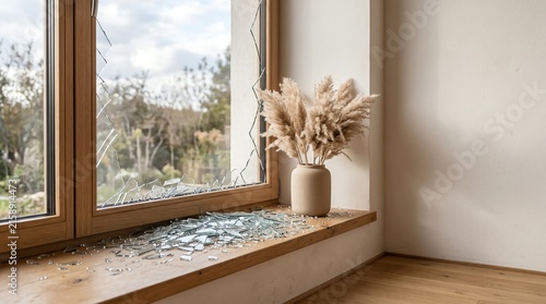 Broken Wooden Window Frame with Shattered Glass Fragments and Pampas Decor on Sill