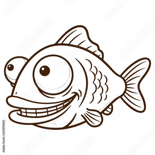 Outline of a funny cartoon fish with large eyes and a wide toothy grin on a white background, for coloring book, or mascot projects