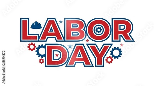 Labor Day typography animation with rotating gears and stars on white background
