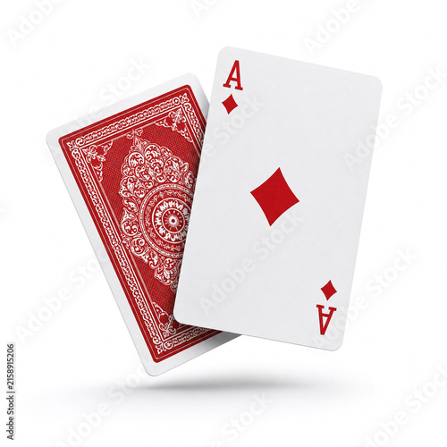 Ace of diamonds playing card with red pattern card back isolated on white background.