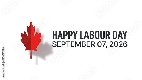 Happy Labour Day message with flipping red leaf animation on white background
