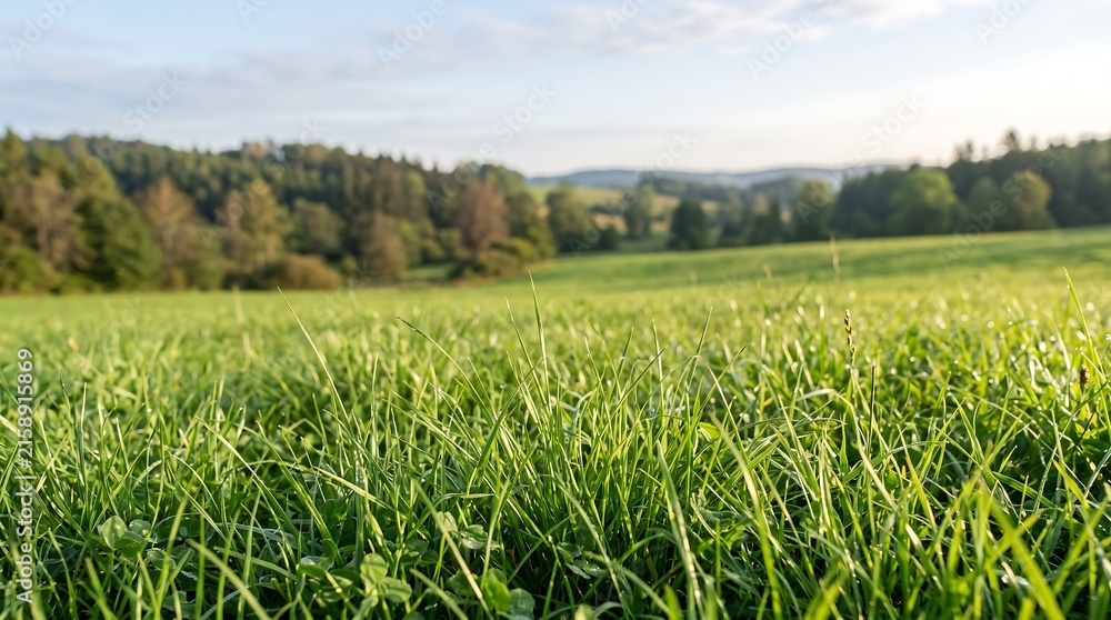 Fototapeta premium Lush green meadow with dew drops on grass and clover in the foreground, rolling hills and forest in the background under a clear sky.