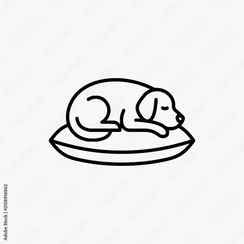 Fototapeta premium Minimalist black and white line art illustration of a small dog curled up and sleeping peacefully on a comfortable cushion or pet bed, isolated on a white background vector.