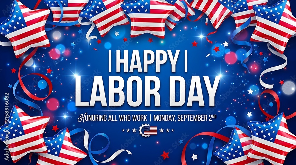Obraz premium Happy labor day celebration background with american flag stars and festive confetti on a blue backdrop