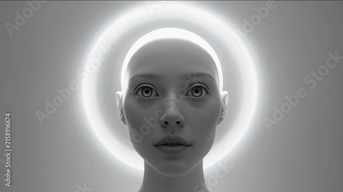 Model with closed eyes and halo lights in a studio setting