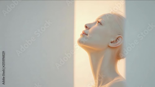 Woman enjoying sunlight in a light-filled space in an artistic setting