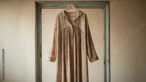 Dress hanging in an old room with an empty background and a simple door frame
