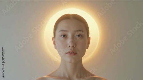 Woman with closed eyes in front of a warm light source in a simple room setting