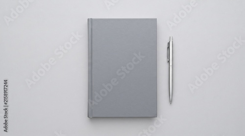 Top View of Closed Matte Grey Hardbound Notebook and Silver Ballpoint Pen on Solid Light Grey Background with Copyspace Corporate Business Planning Stock Photo JPEG
