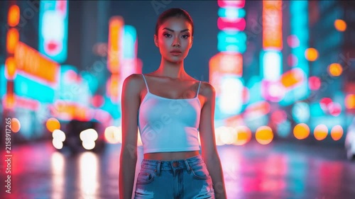 Model stands in city at night surrounded by bright lights and neon signs