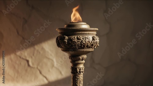 Flame burns from an ornate torch in a historic setting