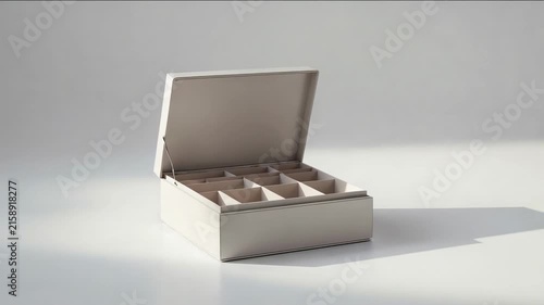 Empty storage box with compartments displayed on a flat surface in a well-lit room