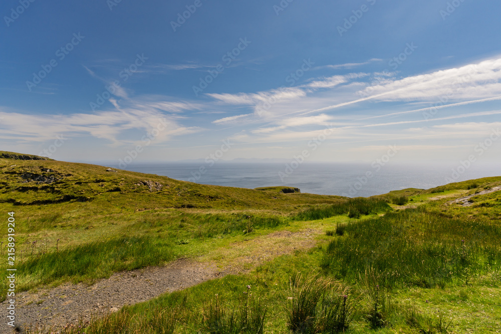 Fototapeta premium Grassy hills roll toward calm ocean horizon